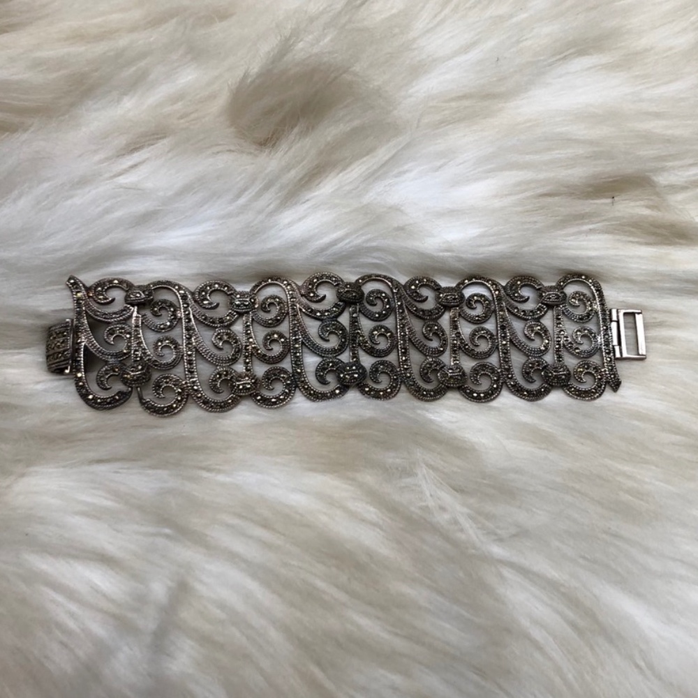 Maureen Wide Solid Silver Marcasite Bracelet - image 3